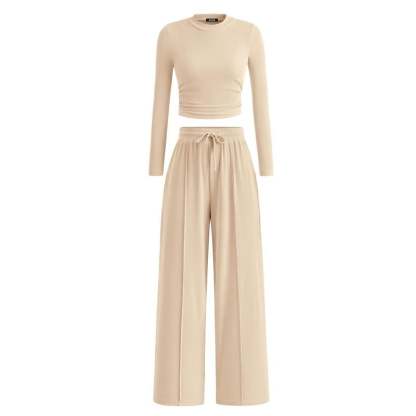 Woman's 2-Piece Ribbed Knit Long Sleeve Crop Top Wide Leg Pants Matching Lounge Set Loungewear[Buy 2 Free Shipping]