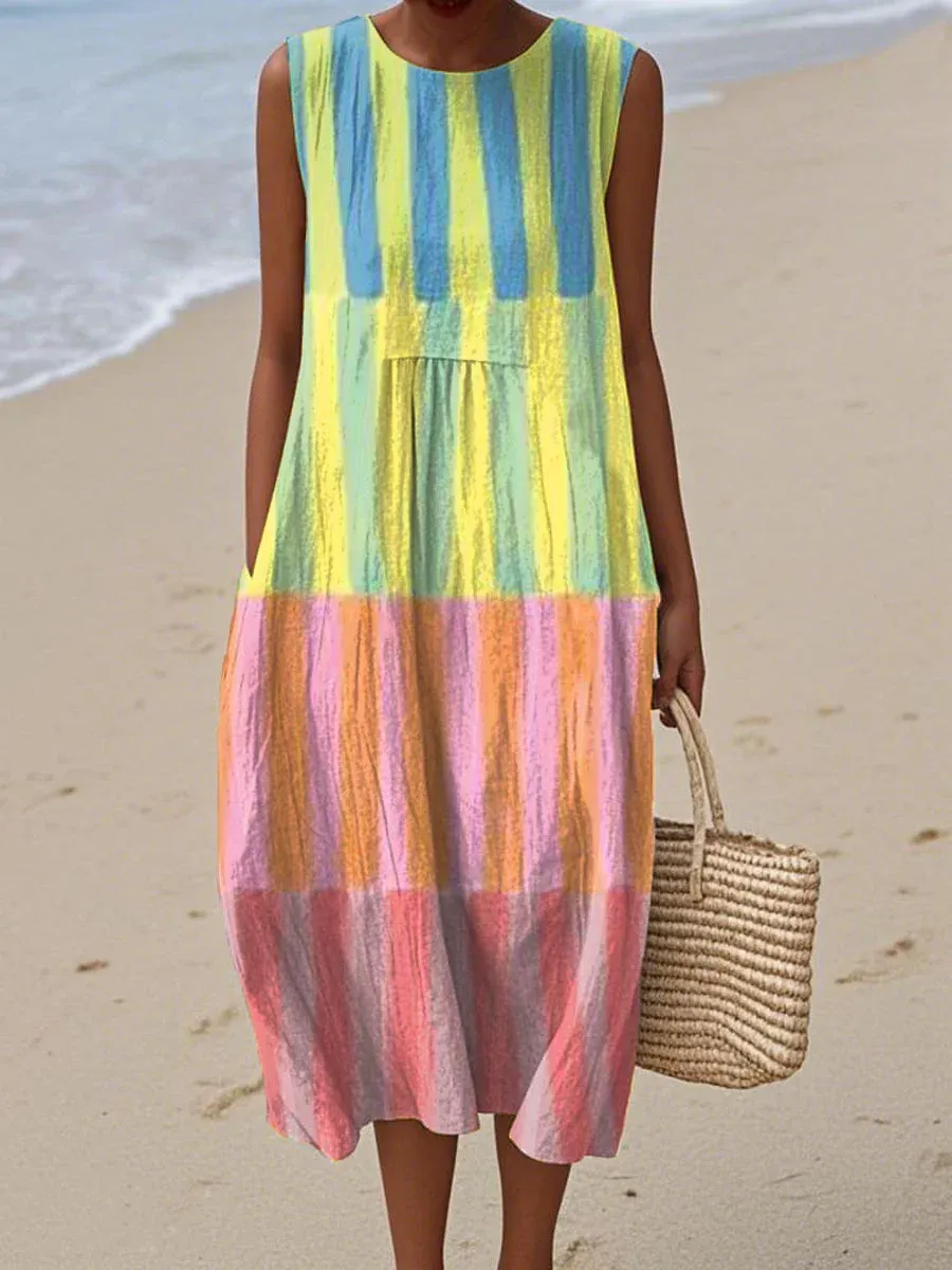 Women's Vintage Abstract Geometric Art Print Sleeveless Cotton Pocket Wrap Dress-Series3