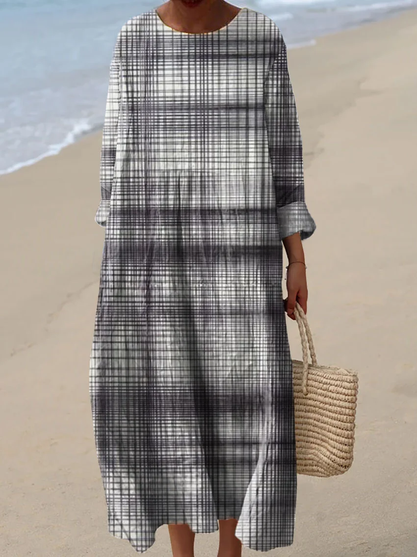 Women's Vintage Plaid Abstract Art Print Casual Dress