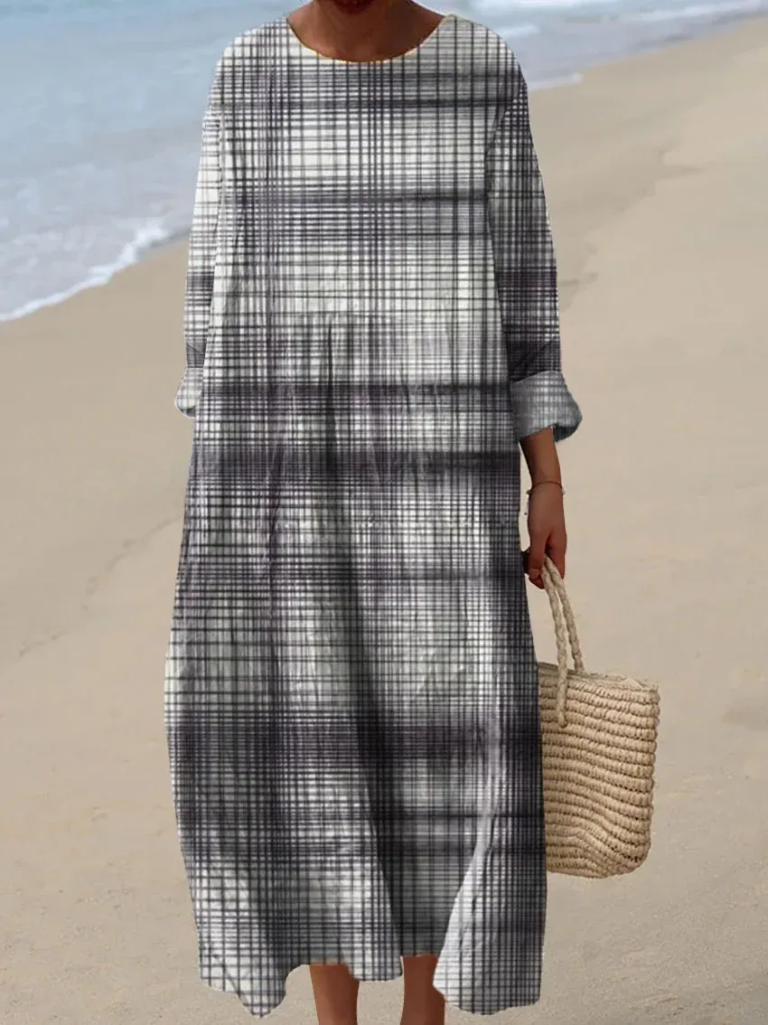 Women's Vintage Plaid Abstract Art Print Casual Dress