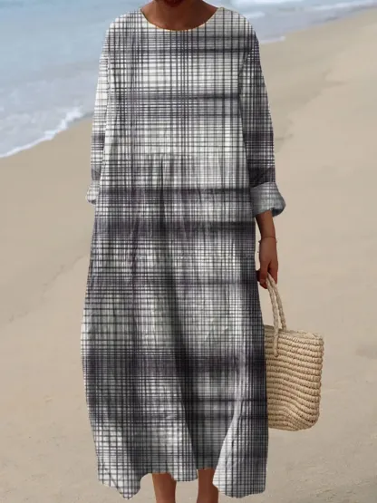 Women's Vintage Plaid Abstract Art Print Casual Dress