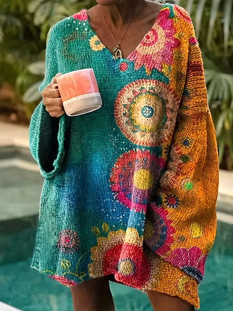 Women's Elegant Vintage Floral Knitted Pullover Loose Top