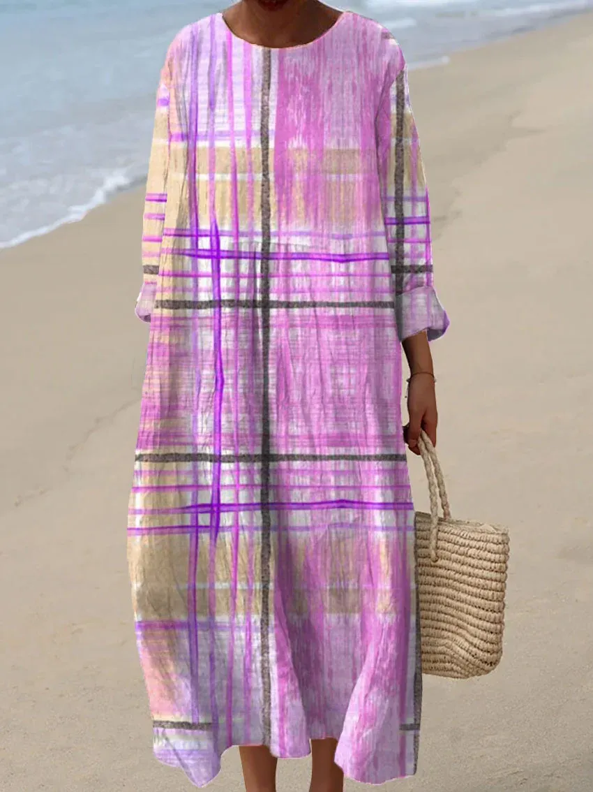 Women's Vintage Plaid Abstract Art Print Casual Dress