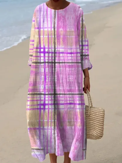 Women's Vintage Plaid Abstract Art Print Casual Dress