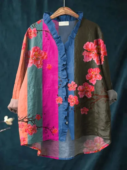 Women's Vintage Floral Art Print Casual Cotton And Linen Ruffle Shirt