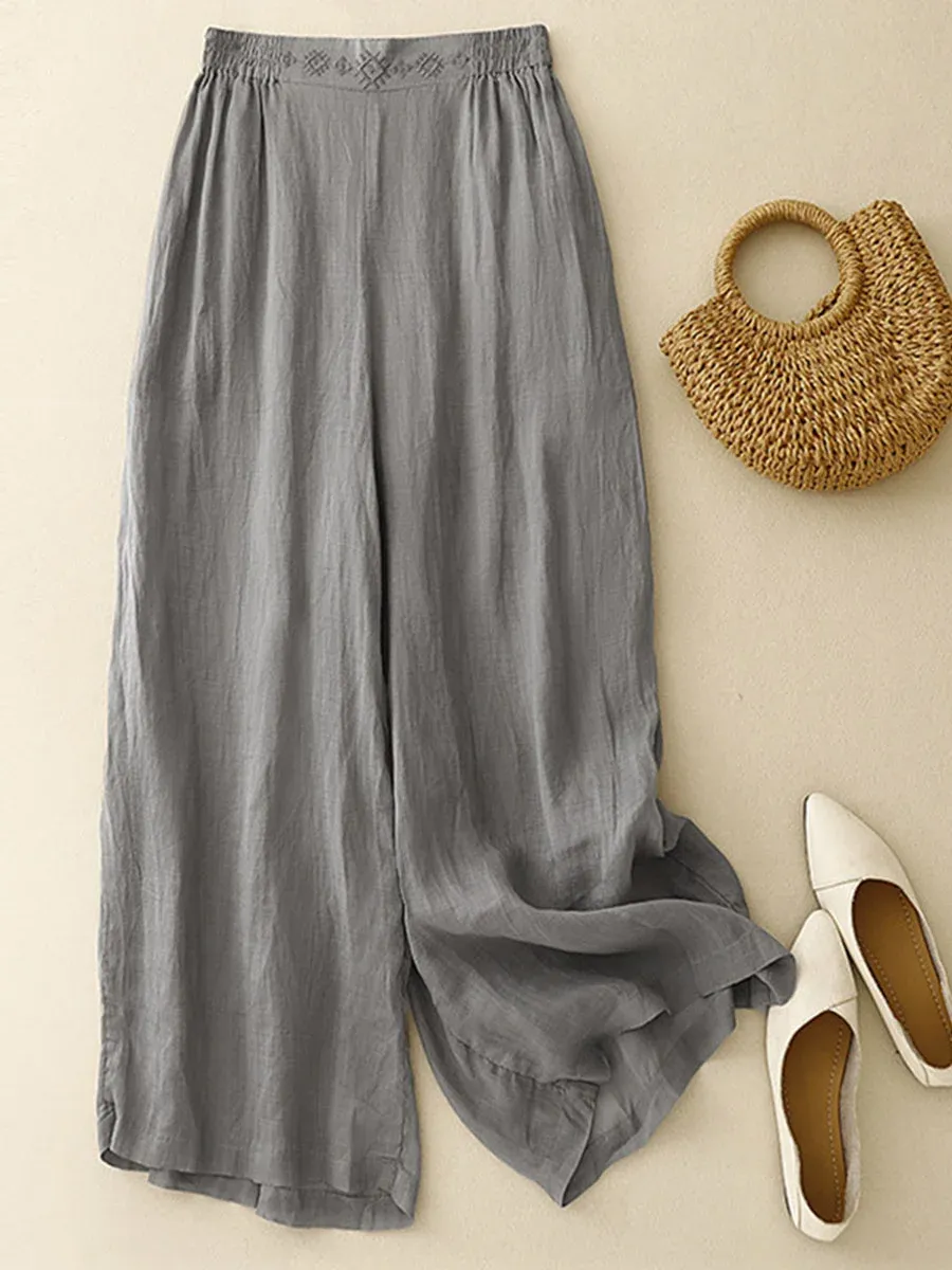 Women's Solid Color Elastic Waist Loose Casual Cotton and Linen Wide Leg Pants