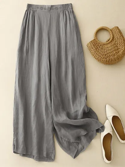 Women's Solid Color Elastic Waist Loose Casual Cotton and Linen Wide Leg Pants