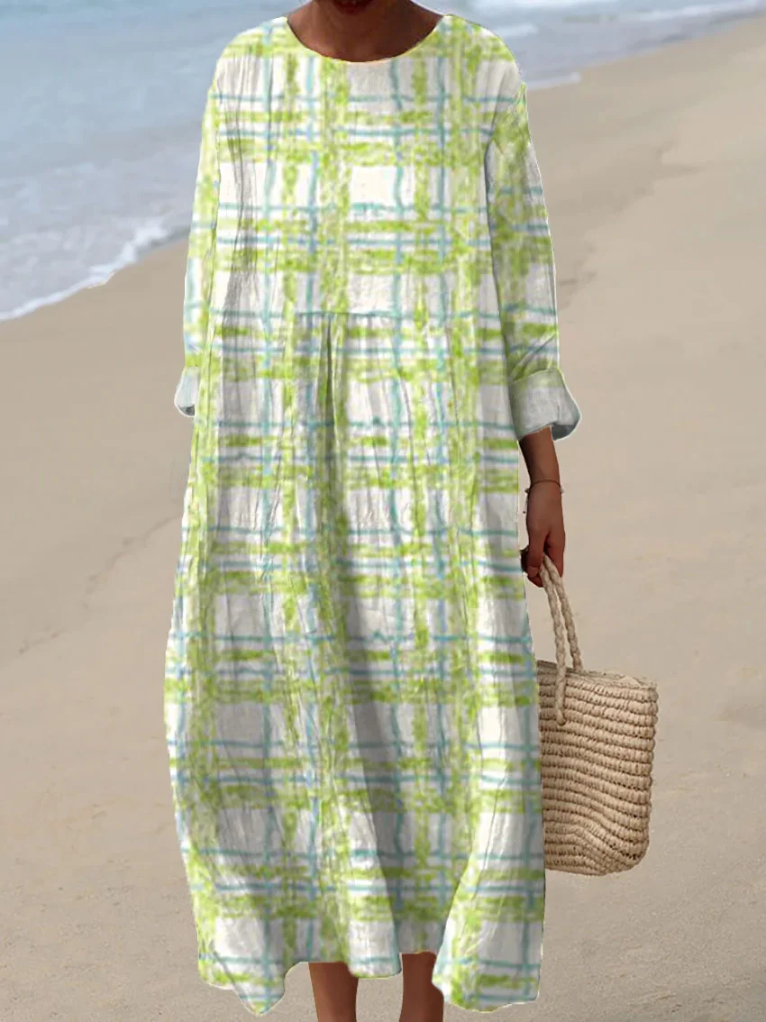 Women's Vintage Plaid Abstract Art Print Casual Dress