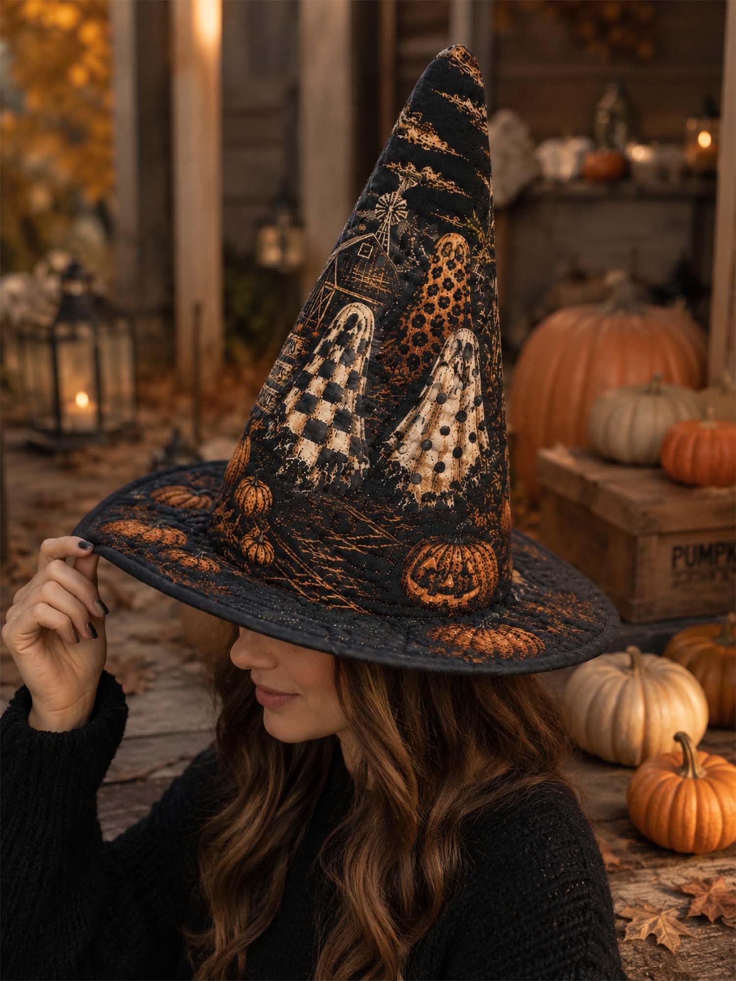 Gothic Halloween Haunted Pumpkin Handcrafted Quilted Witch Hat