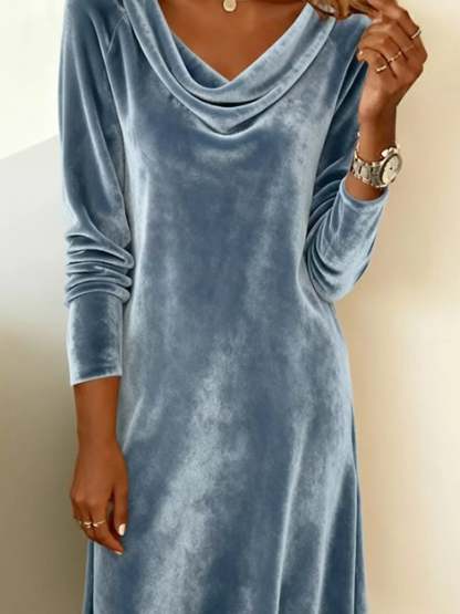  Elegant Velvet Cowl Neck Long Sleeve Mini Dress