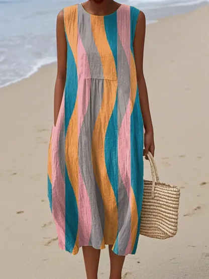 Women's Vintage Abstract Geometric Art Print Sleeveless Cotton Pocket Wrap Dress-Series5