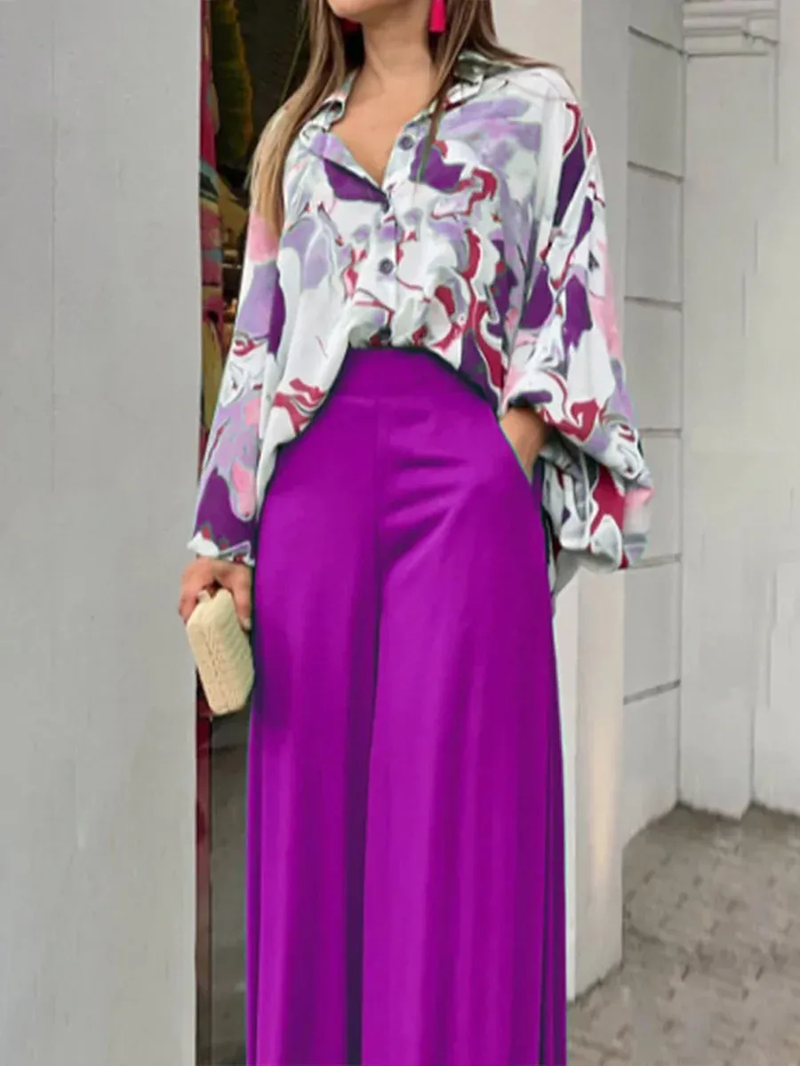 Women's Lapel Long Sleeves Contrast Print Casual Loose Shirt High Waist Solid Color Casual Wide Leg Pants Set