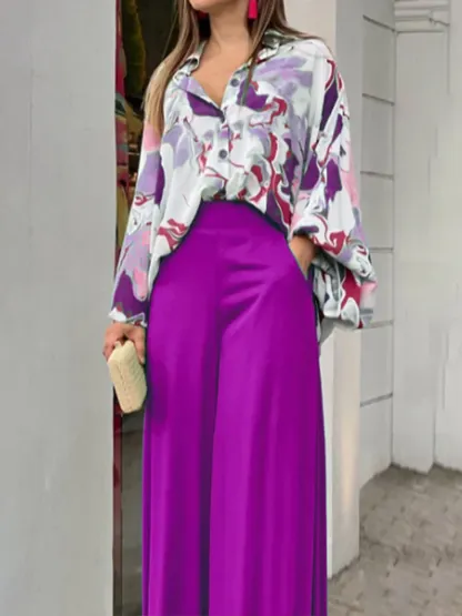 Women's Lapel Long Sleeves Contrast Print Casual Loose Shirt High Waist Solid Color Casual Wide Leg Pants Set