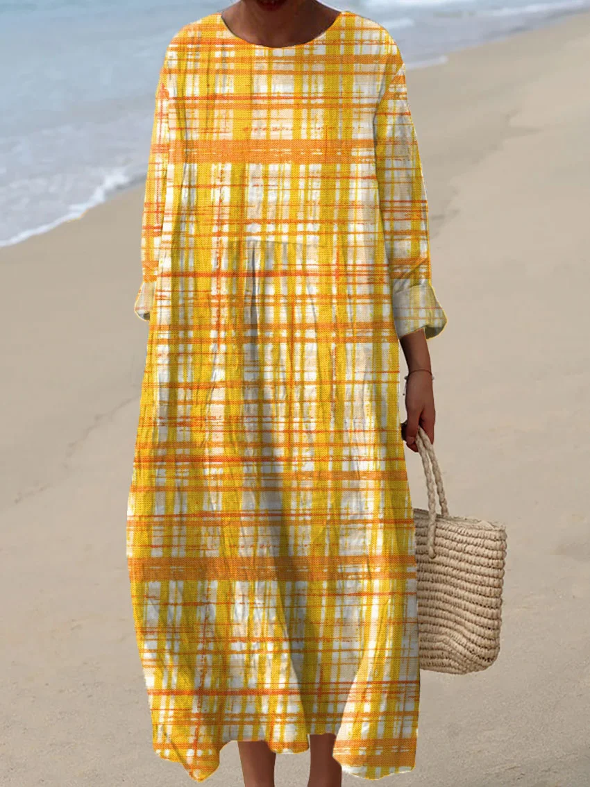 Women's Vintage Plaid Abstract Art Print Casual Dress