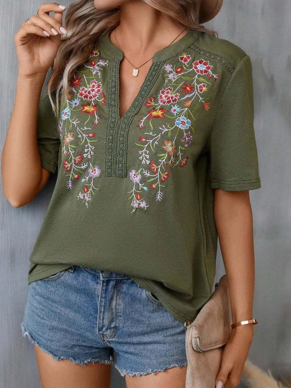 Hazel Blues® |  Embroidered Notched Short Sleeve T-Shirt