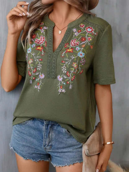 Hazel Blues® |  Embroidered Notched Short Sleeve T-Shirt