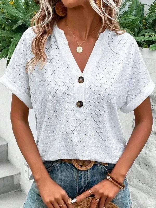 Women's Short Sleeve T-shirt Summer Yellow Plain Buckle V Neck Daily Going Out Casual Top