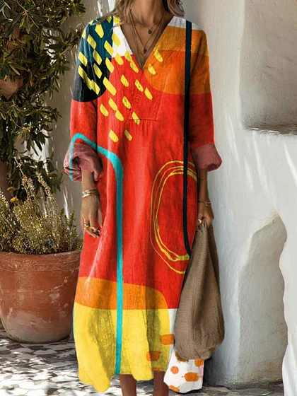Women's Cotton linen Abstract Geometric Pattern Art Print Dress