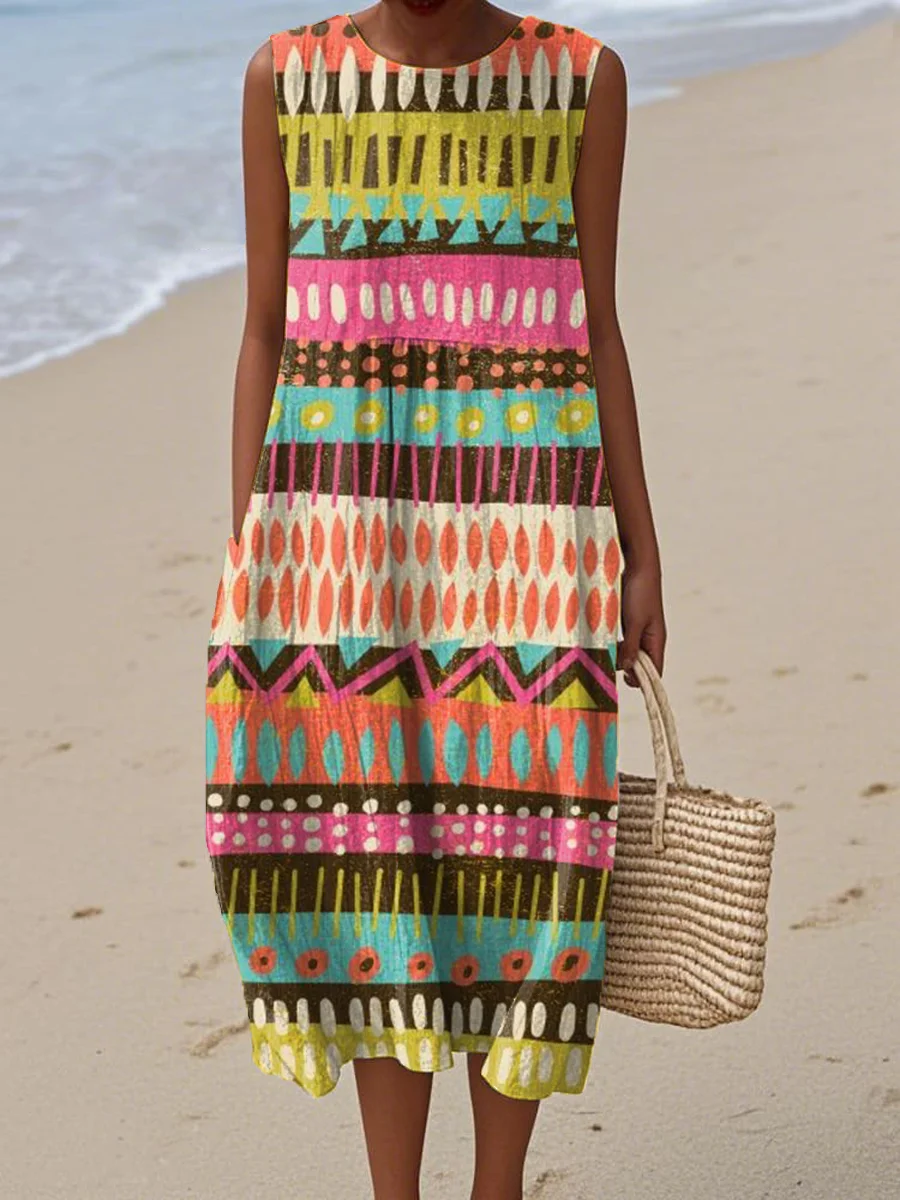 Women's Abstract Art Geometric Lines Print Sleeveless Cotton Pocket Wrap Dress