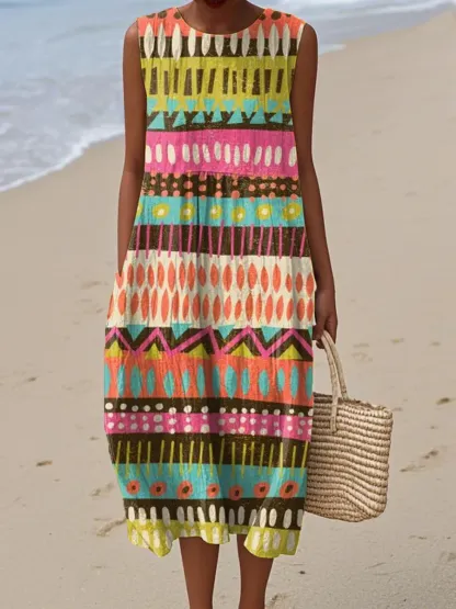 Women's Abstract Art Geometric Lines Print Sleeveless Cotton Pocket Wrap Dress