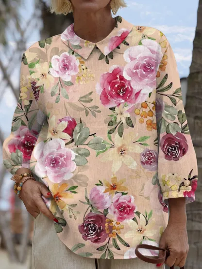 Women's Vintage Flower Art Print Casual Cotton And Linen 3/4 Sleeve Shirt