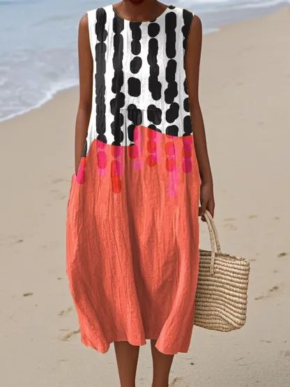 Women's Vintage Abstract Geometric Art Print Sleeveless Cotton Pocket Wrap Dress-Series3