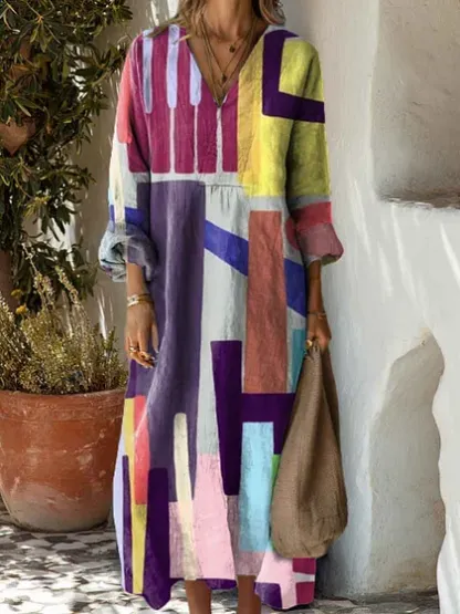 Women's Cotton linen Abstract Geometric Pattern Art Print Dress
