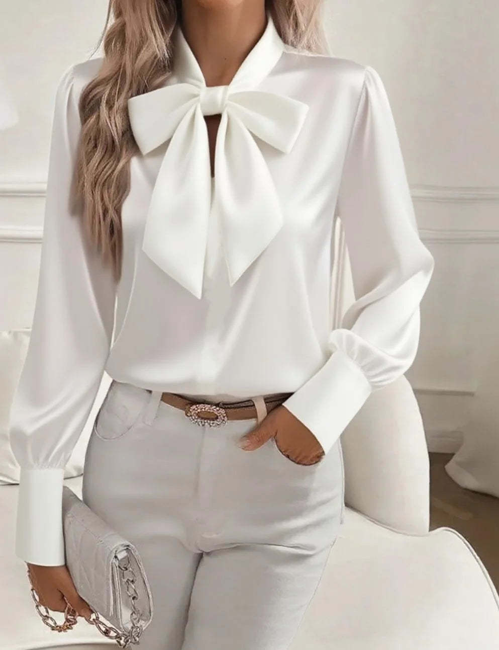 Women��s Satin Bow-Tie V-Neck Blouse