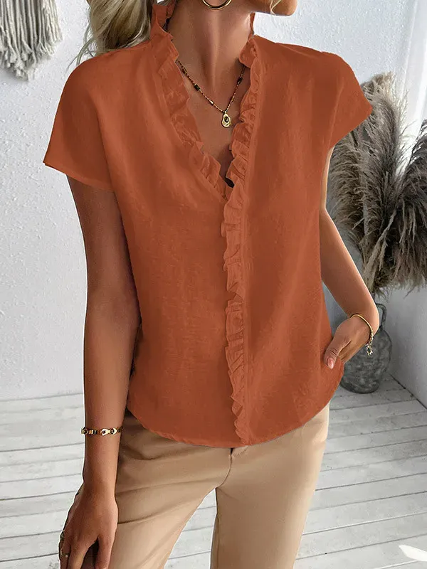 Ruffle Trim Solid Color Loose Short Sleeves V-Neck Blouses&Shirts Tops