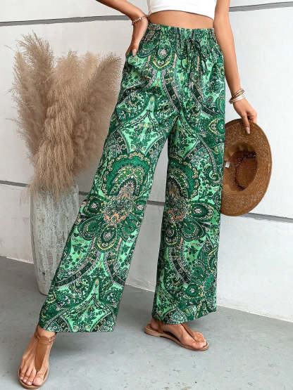 Vintage Print Wide-Leg Pants for Women - Casual Spring/Summer Style