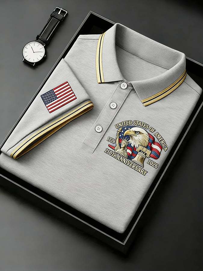 Men's Retro 250th Anniversary of the United States Print  Independence Day Cross Print Polo Shirt