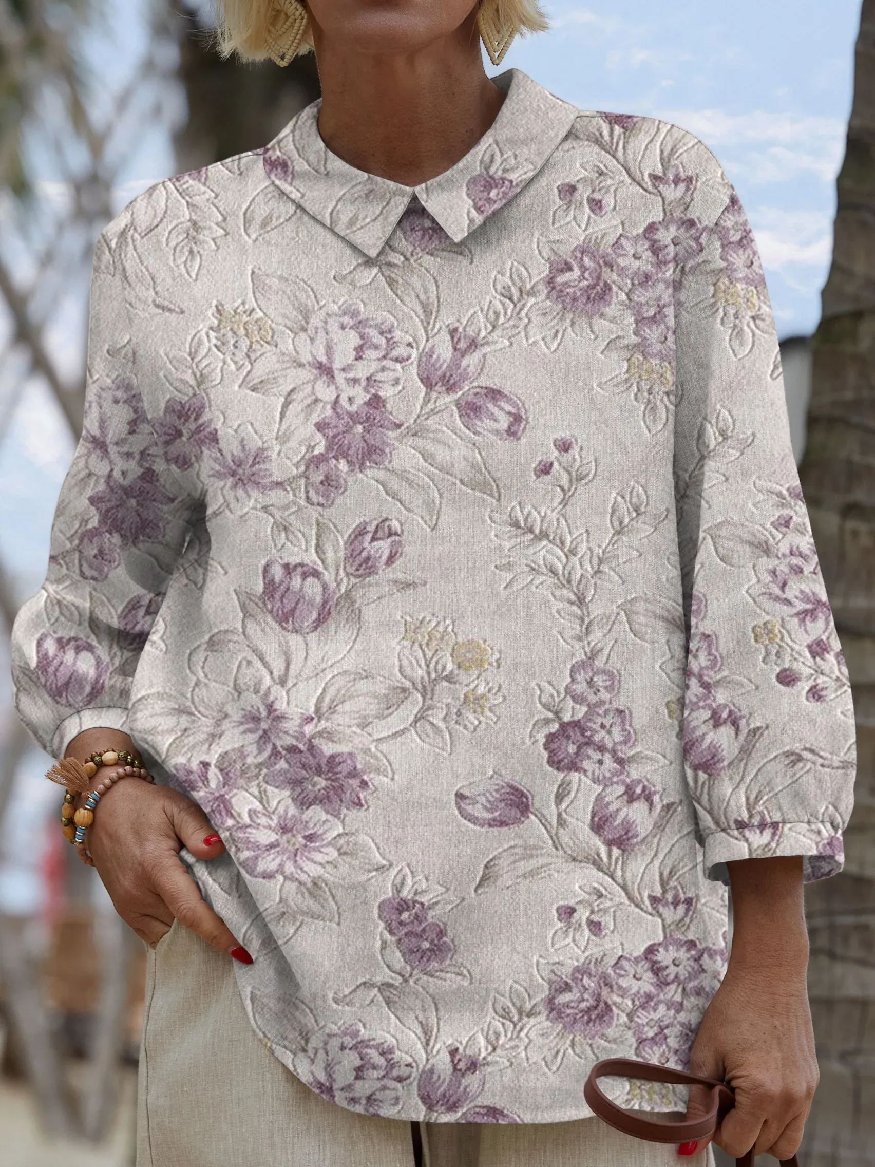 Women's Vintage Flower Art Print Casual Cotton And Linen 3/4 Sleeve Shirt