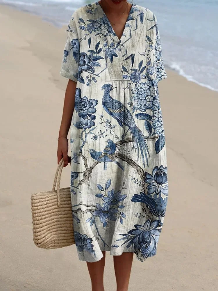 Women's Vintage Abstract Art Print Elegant Flowing Dress