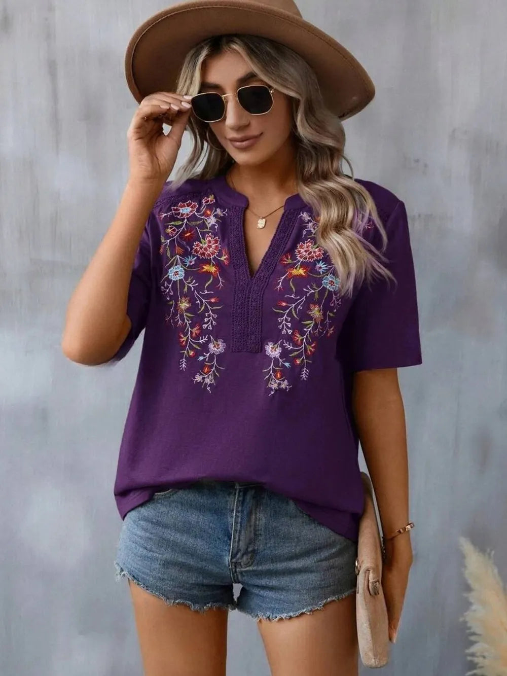 Hazel Blues® |  Embroidered Notched Short Sleeve T-Shirt