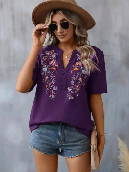 Hazel Blues® |  Embroidered Notched Short Sleeve T-Shirt