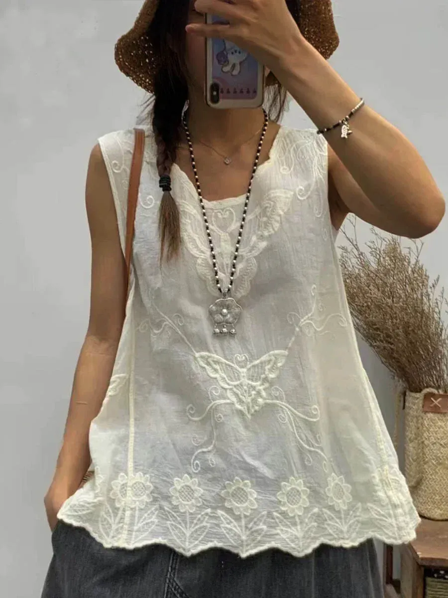 Women's Round Neck Sleeveless Casual Cotton And Linen Embroidered Top