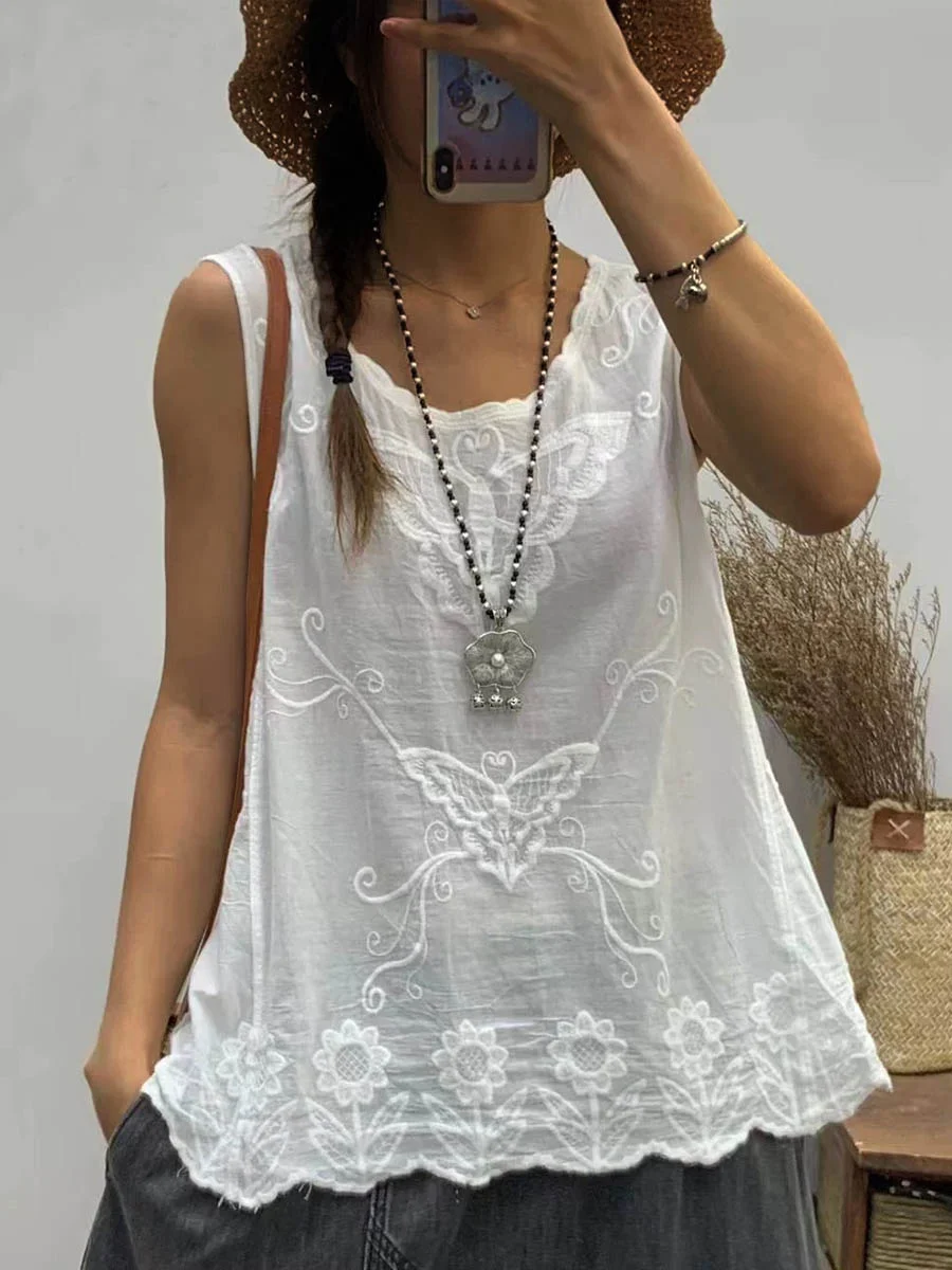 Women's Round Neck Sleeveless Casual Cotton And Linen Embroidered Top