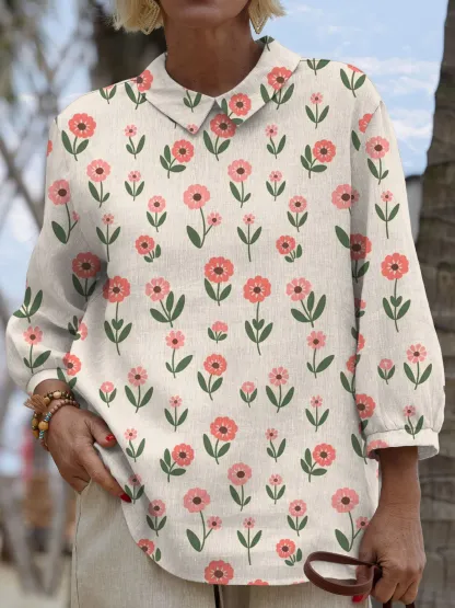 Women's Vintage Flower Art Print Casual Cotton And Linen 3/4 Sleeve Shirt