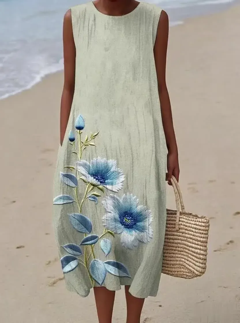 Women's Vintage Abstract Geometric Art Print Sleeveless Cotton Pocket Wrap Dress-Series5