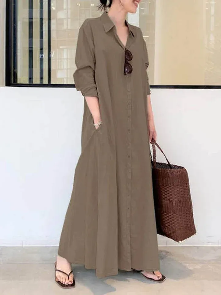 Women's Summer Solid Color Casual Loose Elegant V-Neck Cotton And Linen Pocket Shirt Dress