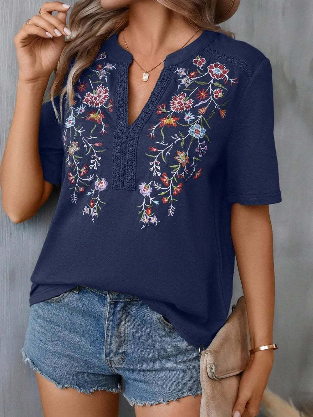 Hazel Blues® |  Embroidered Notched Short Sleeve T-Shirt