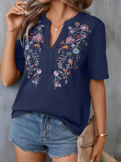 Hazel Blues® |  Embroidered Notched Short Sleeve T-Shirt