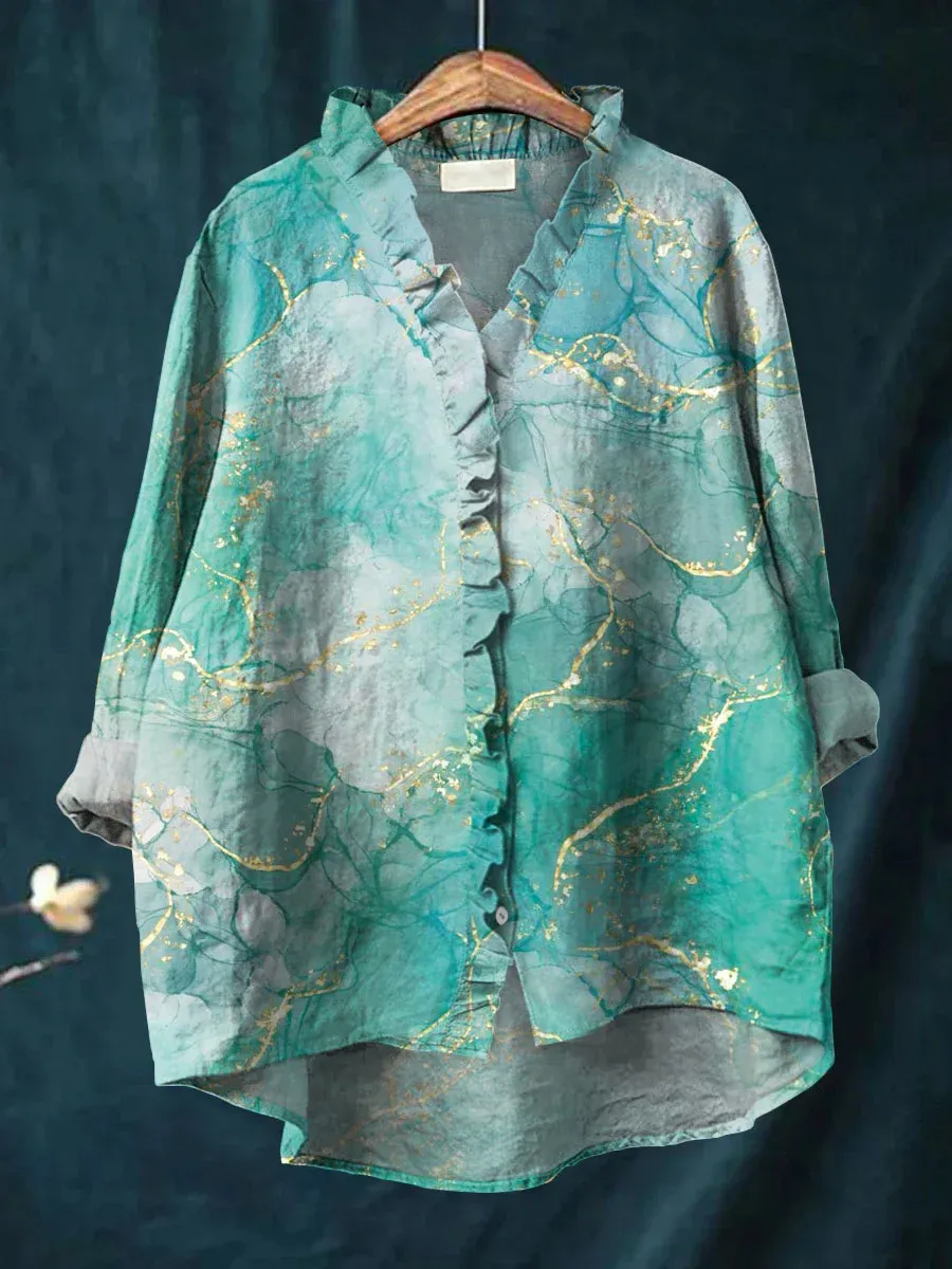 Women's Vintage Floral Art Print Casual Cotton And Linen Ruffle Shirt