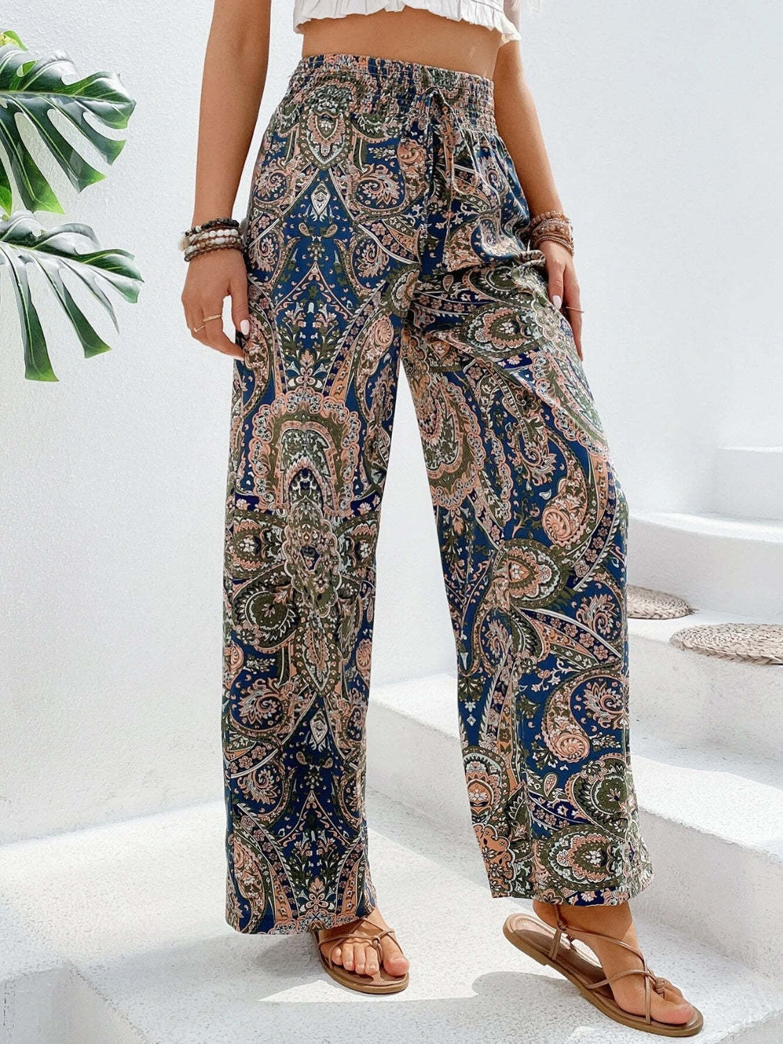 Vintage Print Wide-Leg Pants for Women - Casual Spring/Summer Style