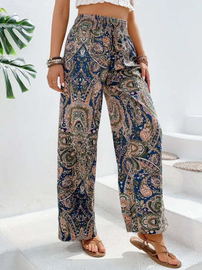 Vintage Print Wide-Leg Pants for Women - Casual Spring/Summer Style