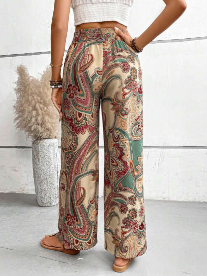 Vintage Print Wide-Leg Pants for Women - Casual Spring/Summer Style