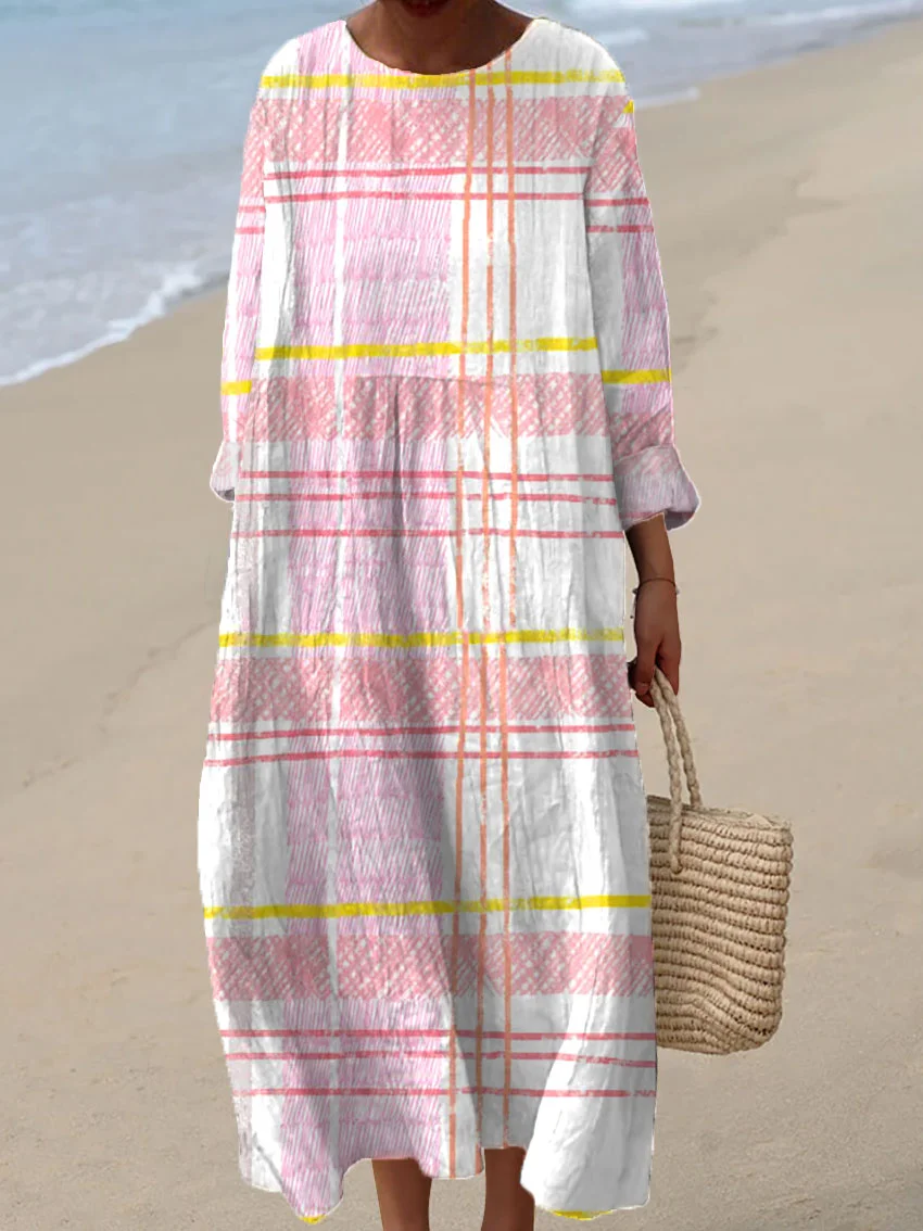 Women's Vintage Plaid Abstract Art Print Casual Dress