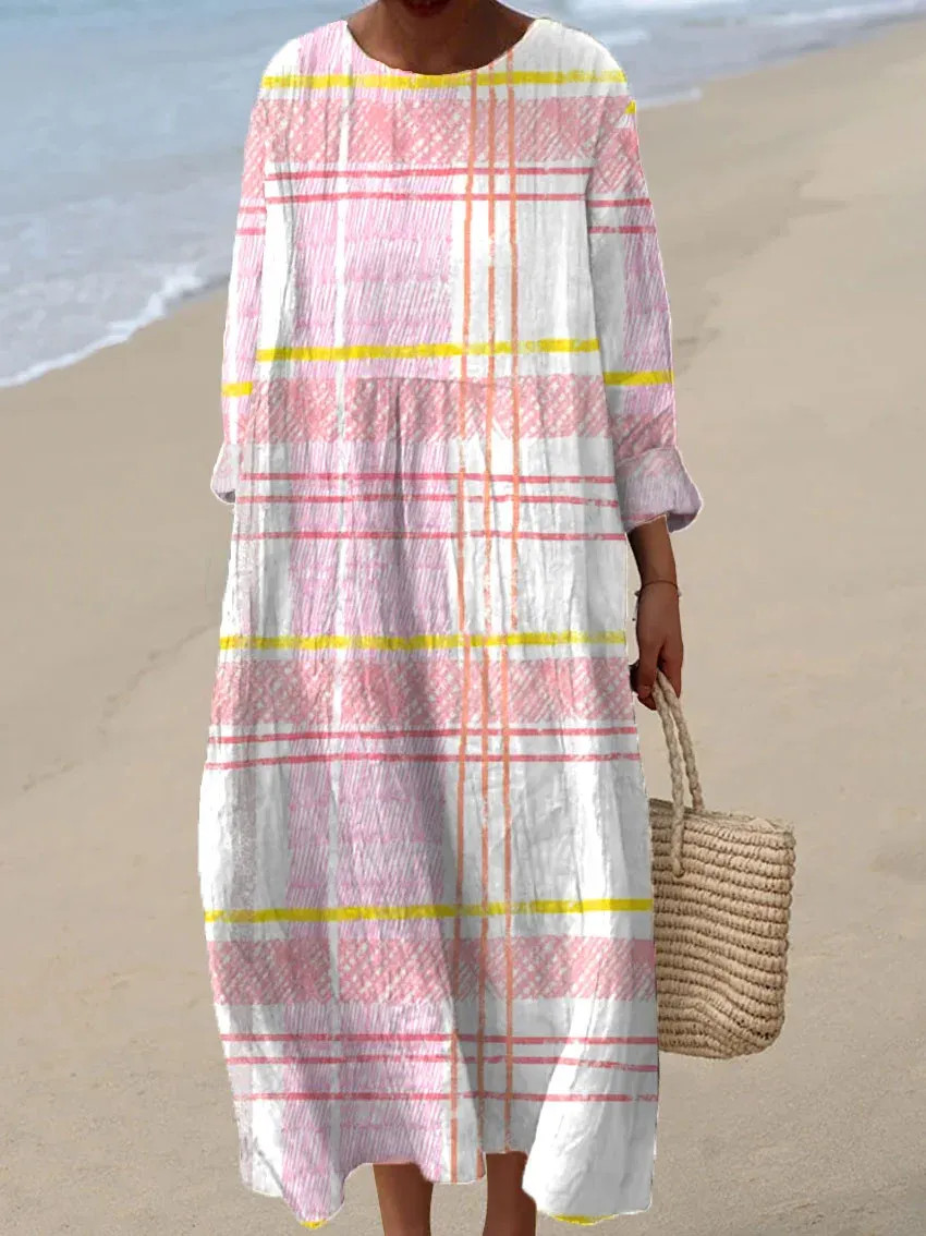 Women's Vintage Plaid Abstract Art Print Casual Dress