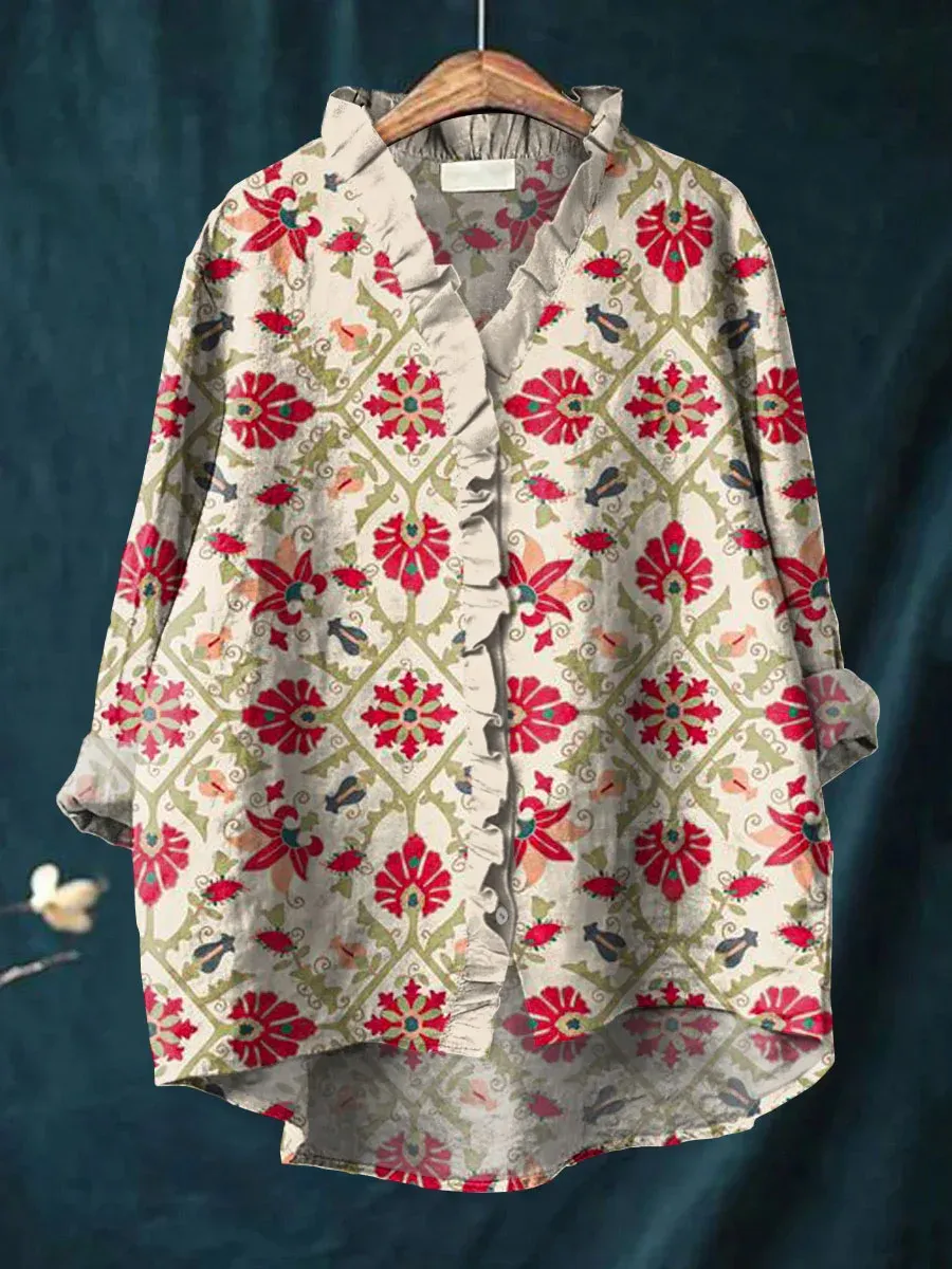 Women's Vintage Floral Art Print Casual Cotton And Linen Ruffle Shirt