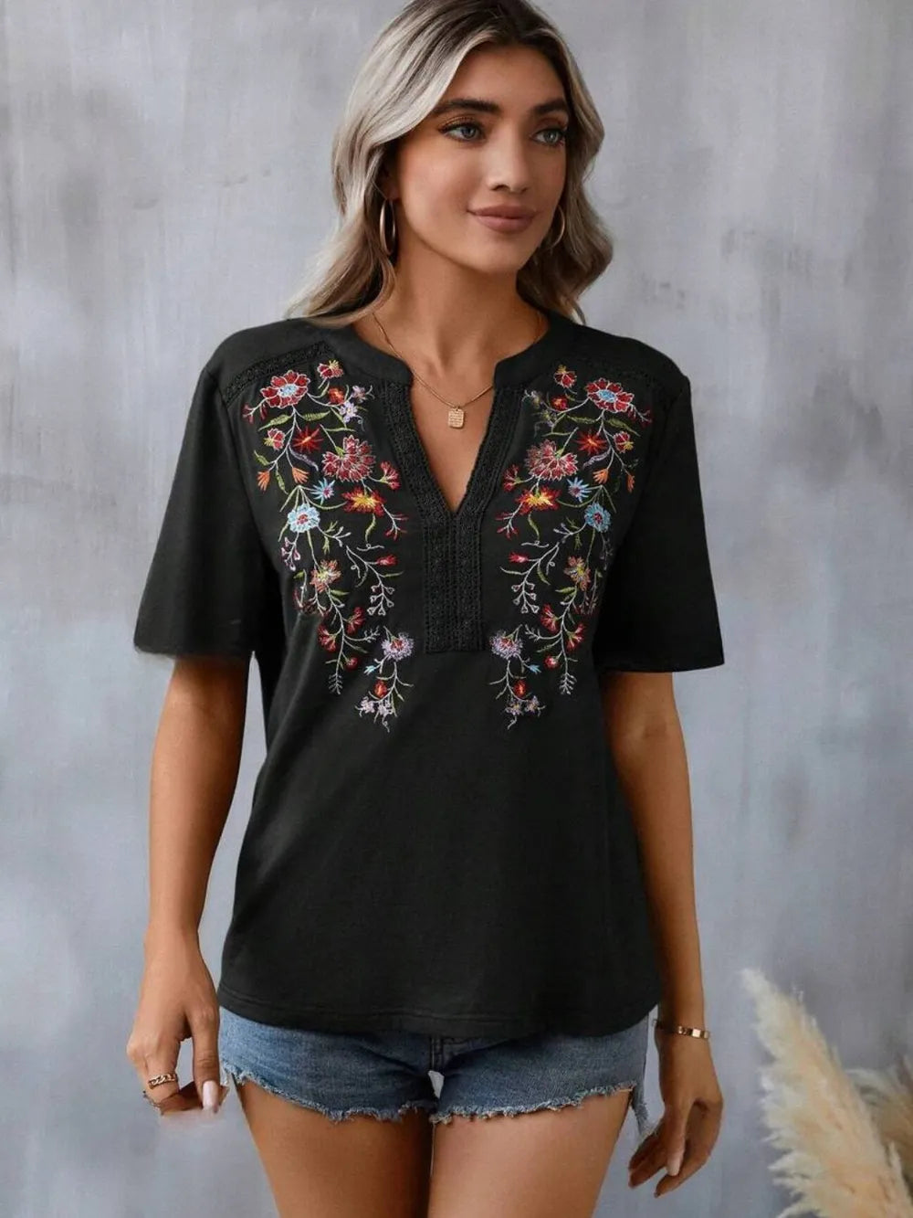 Hazel Blues® |  Embroidered Notched Short Sleeve T-Shirt